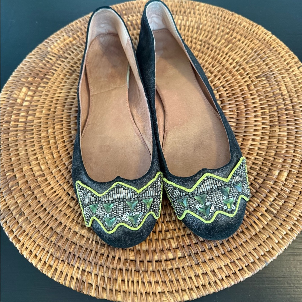 Anthropologie Black Suede Flats with Lime Green Beaded Trim